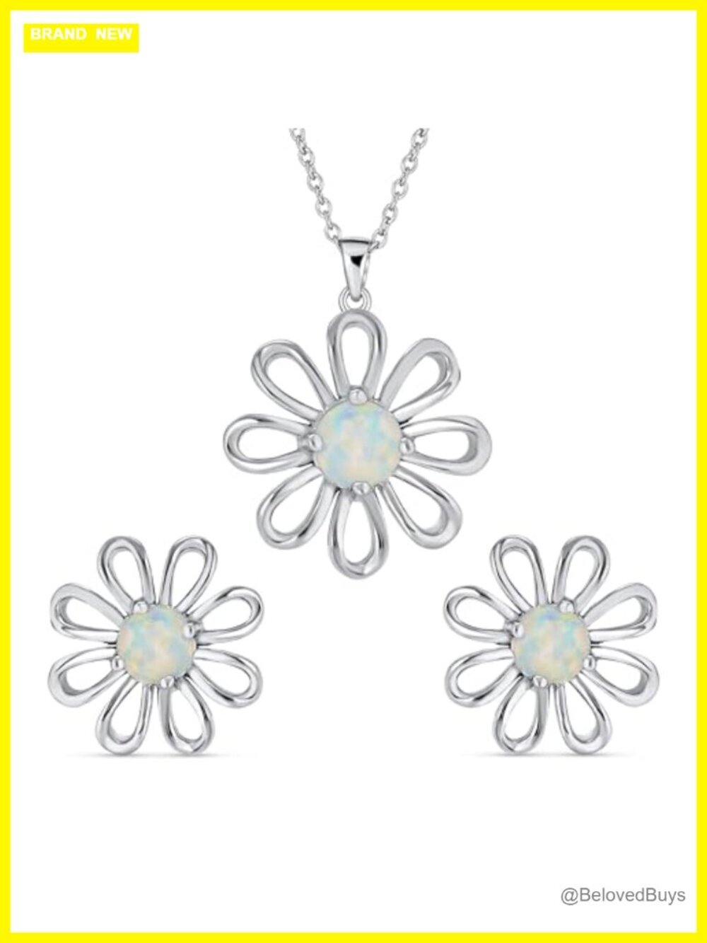 Created Opal Daisy Necklace Earrings Set Sterling Silver Rhodium Plated